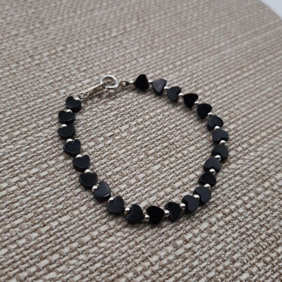 6 Inch Sterling Silver Onyx Stone Hearts Bracelet B482 - Picture 2 of 5